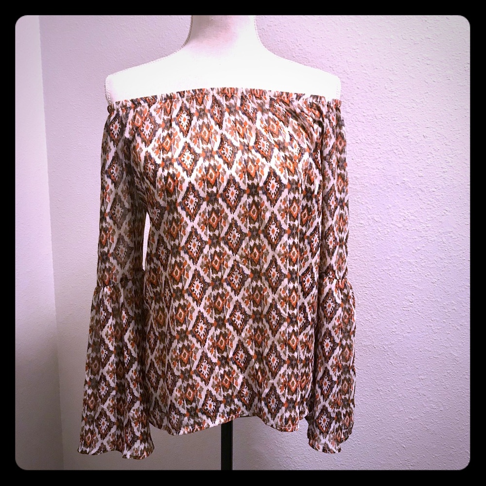 Off Shoulder Sheer Blouse w/Bell Sleeves